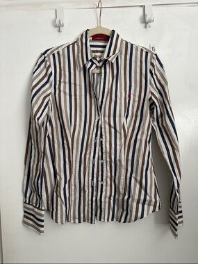 Womens Striped Button-Up Shirt in White, Brown & Navy
